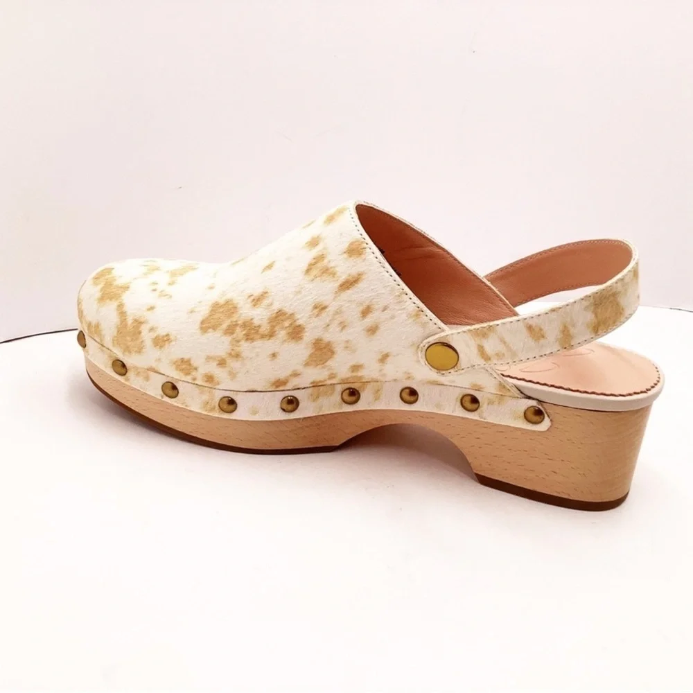 NEW J. Crew Calf Hair Convertible-Strap Tan and Cream Leather Clogs - Picture 5 of 9